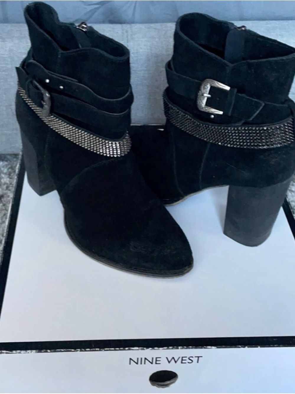 Nine West Black Suede Pointed Ankle Boots with Buckle & Chain